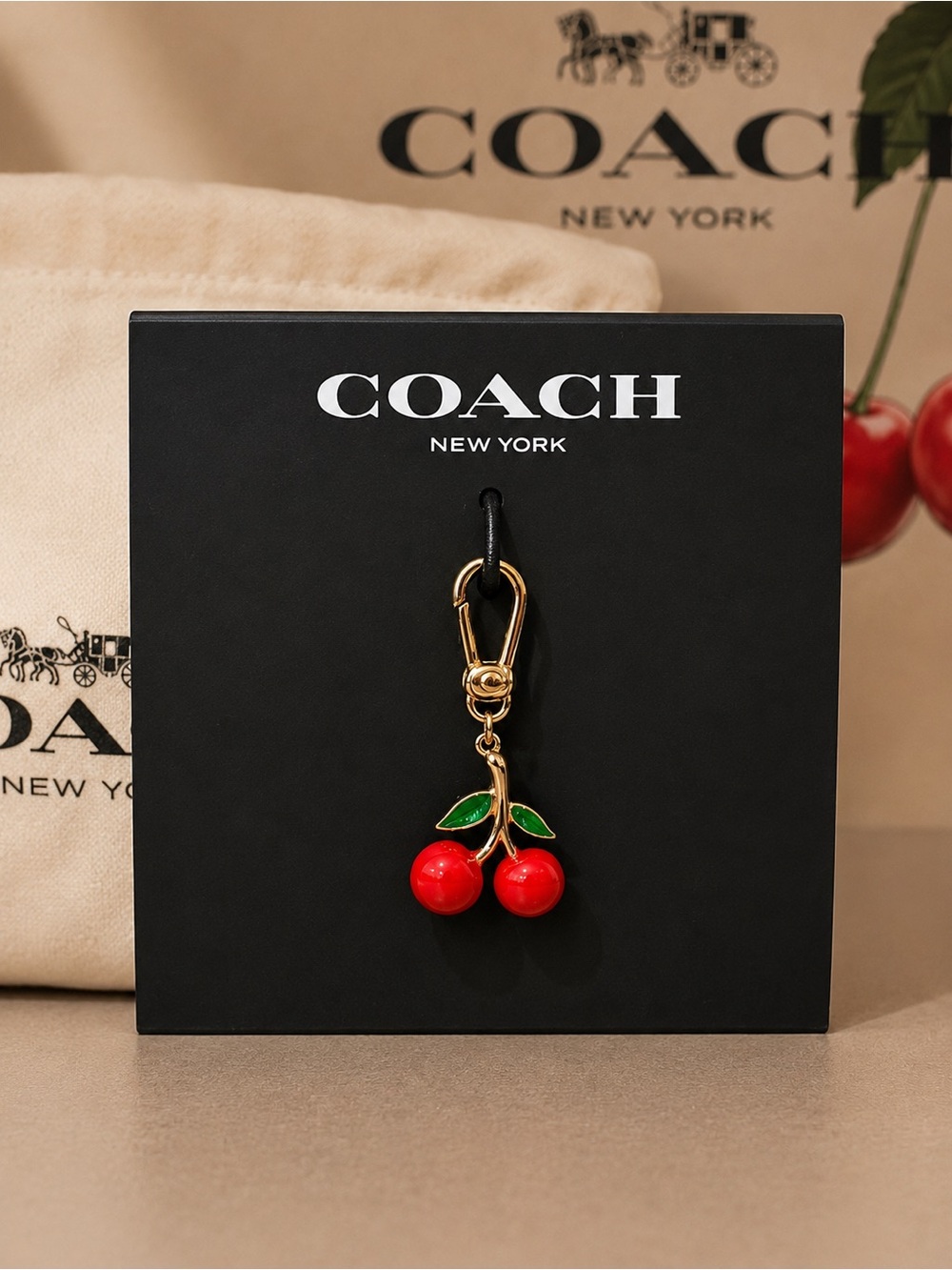 Coach Cherry Keychain Charm in Red and Green with Gold Hardware